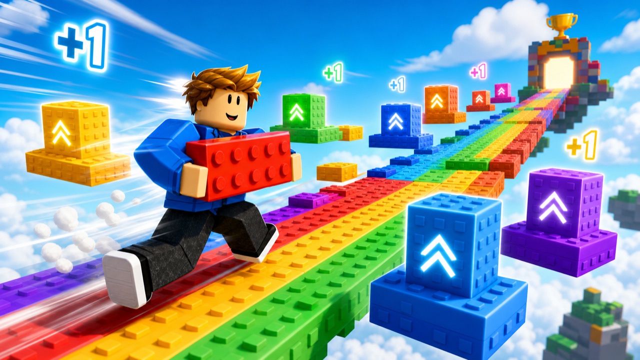 Fan-made Speed Brick Escape key art showing a Roblox-style runner carrying a brick across a rainbow sky platform with plus one speed icons